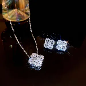 Four Leaf Clover Hollow Zircon Necklace And Earrings Sparkling Luxury Copper Jewelry With Silver Earring Post For Women