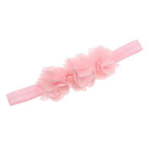 Detail of three handmade pink chiffon flowers with pearls on elastic baby headband