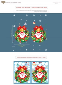 Detailed size guide for Christmas wall stickers with Santa wreaths and snowflakes