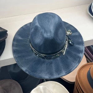 Detailed close-up of dark blue wide-brimmed fedora hat with bohemian band and feather trim