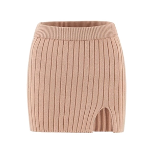 Pink knit pencil skirt with vertical ribbed texture and side slit detail in a loose fit