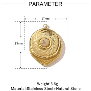 Macro detail of 17mm gold stainless steel sunburst pendant with natural stone inlay