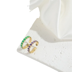 Retro heart-shaped adjustable open rings in gold with green and purple enamel detail