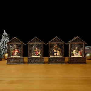 Set of 4 vintage Christmas lantern snow globes with Santa and snowman scenes