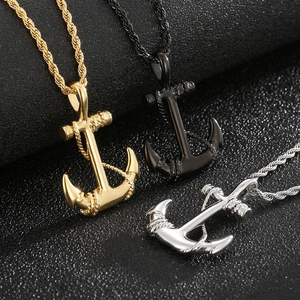 Vintage pirate anchor pendants in gold, black, and silver stainless steel with twist chains