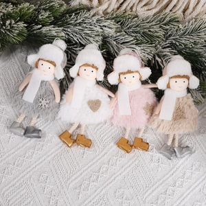 Christmas Trapper Hat Girl Doll Hanging Ornaments Plush Fabric Handmade Sequin Star Heart Snowflake Tree Decor