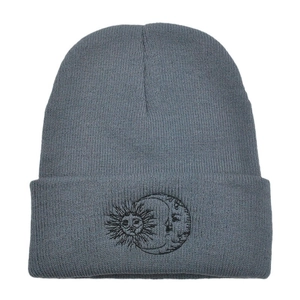 Dark grey knitted beanie with sun and moon embroidery for outdoor winter warmth