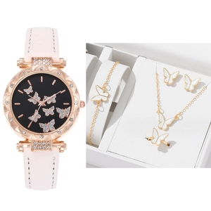 Damen-Uhr in Roségold mit Schmetterlingsmuster und passendem fünfteiligem Schmuckset