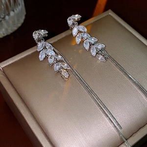 Elegant wheat-shaped zircon earrings with long silver snake chain tassels for women