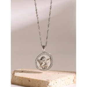 Silver 18k gold plated stainless steel angel pendant necklace with sparkling rhinestones