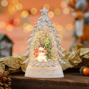 Close-up of a Christmas tree-shaped LED water globe with a snowman and soft bokeh lighting