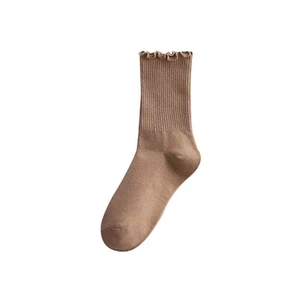 Coffee brown ruffle mid-calf socks for women featuring ribbed cotton texture