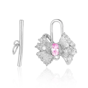 Fermoir à bascule nœud argenté avec cristaux roses et oxydes de zirconium clairs