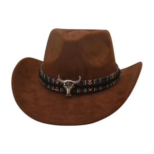 Detailed view of a brown felt cowboy hat with a metallic bull skull ornament on the band.