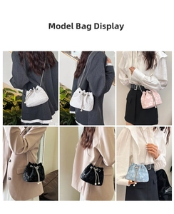 Detail view of mini jacquard bucket bags in four colors with pearl chain straps