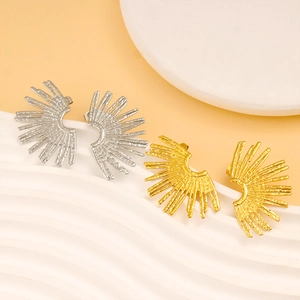18K gold plated stainless steel fan-shaped stud earrings with hammered texture finish