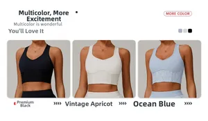 Detailed look at lace stitching on the hem of three yoga bras in black, apricot, and blue