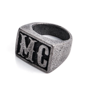 Mens vintage stainless steel signet ring with gothic MC engraving in antique silver finish