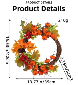 Detailed view of the 42cm autumn wreath showing orange pumpkins and maple leaf dimensions
