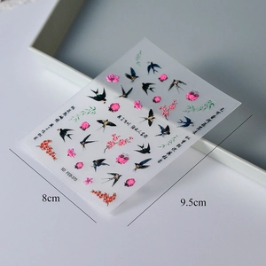5D embossed nail stickers featuring spring peach blossoms and swallows on white plate