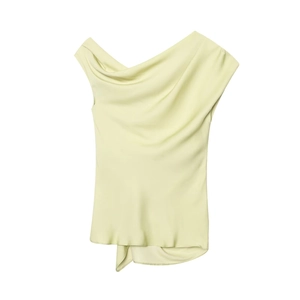 Elegant asymmetric off-shoulder satin top in pale yellow with pleated drape details