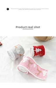 Detail of Christmas ribbon set with reindeer prints and white faux fur edges for gift boxes