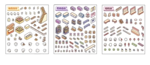 Detail view of miniature shop stickers featuring dessert, snack and cosmetic store themes