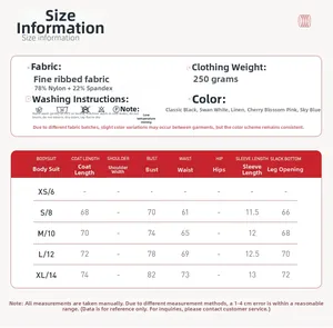 Guida alle taglie per body da yoga a costine con misure da XS a XL in cinque colori diversi