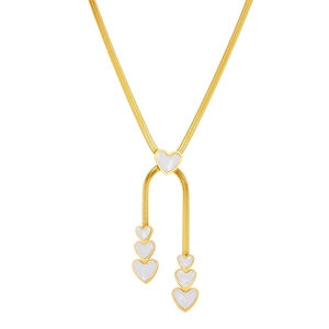 Elegant gold snake chain necklace with triple white heart charms on white background