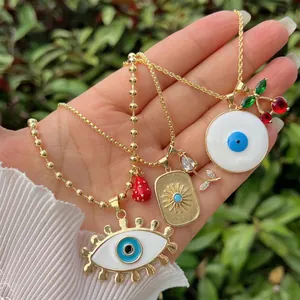 Bohemian 18K Gold Plated Copper Evil Eye Pendant Necklace With Zirconia Cherry Strawberry Charm Jewelry Gift For Women