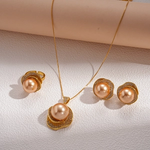 Vintage luxury flower pearl jewelry set with zircon necklace earrings and ring