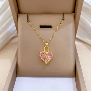 Collier Pendentif Cœur Rose Chaîne En Acier Titane Cuivre Zircon Cadenas Cœur Lettre A Bijoux Élégants Pour Femmes Filles
