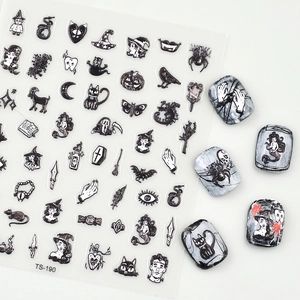 5D geprägte Halloween Nagelaufkleber mit dunklen Hexe und schwarzen Katze Mustern