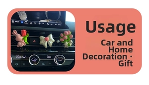 Car air vent clips set with pink bunny, white bow, and tulip bouquet for interior decoration