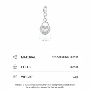 S925 sterling silver heart lock pendant with zircons, size 6.8x8mm and weight 0.6g