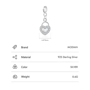 S925 sterling silver heart lock pendant with zircons, size 6.8x8mm and weight 0.6g