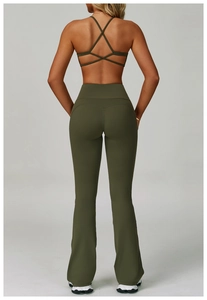 Detailed V-shaped back seam and high-waisted lift of green flared yoga pants