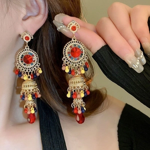 Bohemian gold tassel drop earrings with colorful crystals and vintage ethnic style