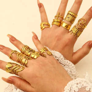 Bohemian gold stainless steel ring set with floral and geometric designs for women