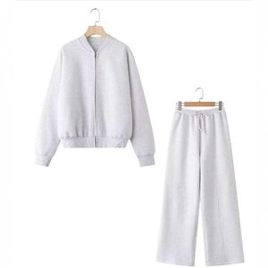 Grey two-piece zip-up bomber jacket and wide-leg sweatpants sports set for women