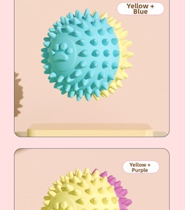 Detailed 3D view of spiked pet massage balls with paw prints in yellow blue and purple