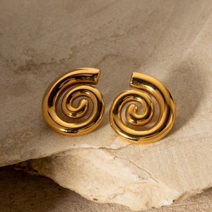 Chic 18K gold plated stainless steel spiral twisted hoop earrings on stone background