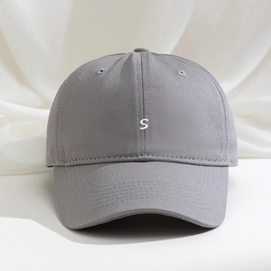 Classic grey baseball cap with white S letter embroidery and adjustable cotton strap