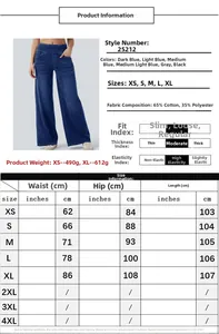Detaillierte Größentabelle für High-Waist-Jeans mit weitem Bein und Maßangaben
