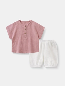 Toddler Kids Cotton Gauze Short Sleeve Shirt And Shorts Clothing Henley Neck Wooden Buttons Summer Breathable Outfits
