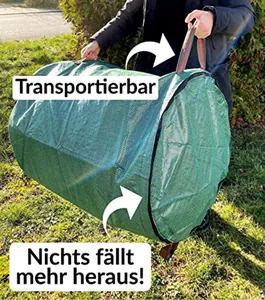 Detail of 300L garden waste bag with lid, portable handles and leaf storage feature