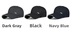 Detail view of baseball caps in dark grey, black, and navy with metal logo and trim