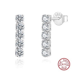 925 Sterling Silver Zirconia Stud Earrings For Women Vertical Round Stones Geometric Minimalist Earrings High Quality Jewelry Gift