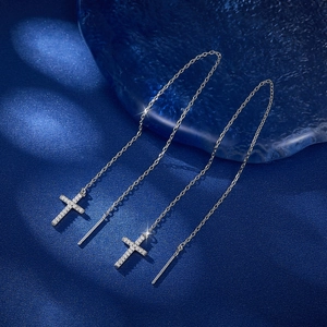 Macro shot of S925 sterling silver cross earrings featuring cubic zirconia stones