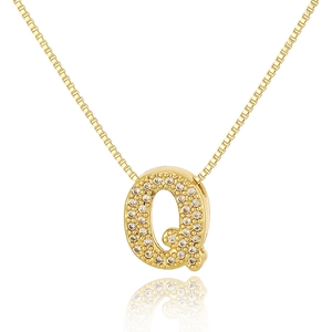 Close-up of golden letter Q pendant with pavé-set crystals on a box chain